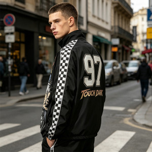 DTG Print Patchwork Checkerboard Racing Jacket | Vintage 97 Streetwear | Custom Streetwear Manufacturer