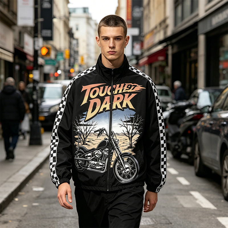 DTG Print Patchwork Checkerboard Racing Jacket