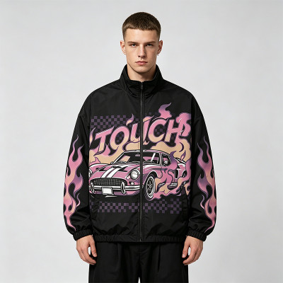 Digital Print Vintage Raing Flame Graphic Jacket | Oversized Black Jacket | Streetwear Manufacturer