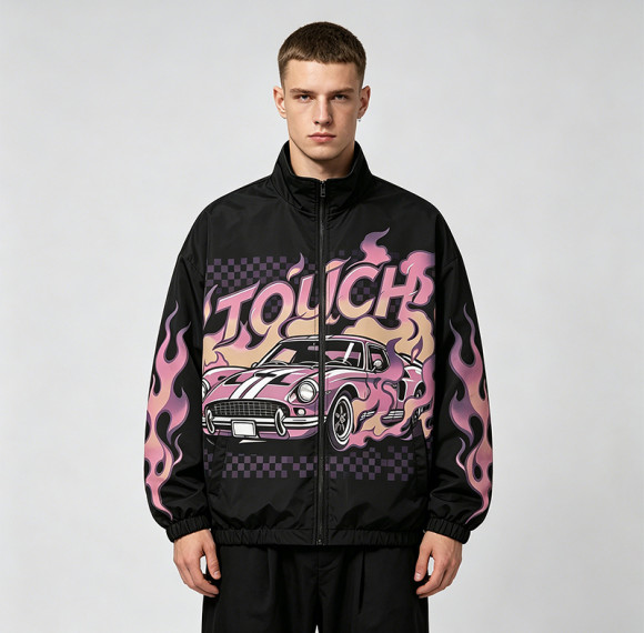 Digital Print Vintage Raing Flame Graphic Jacket | Oversized Black Jacket | Streetwear Manufacturer
