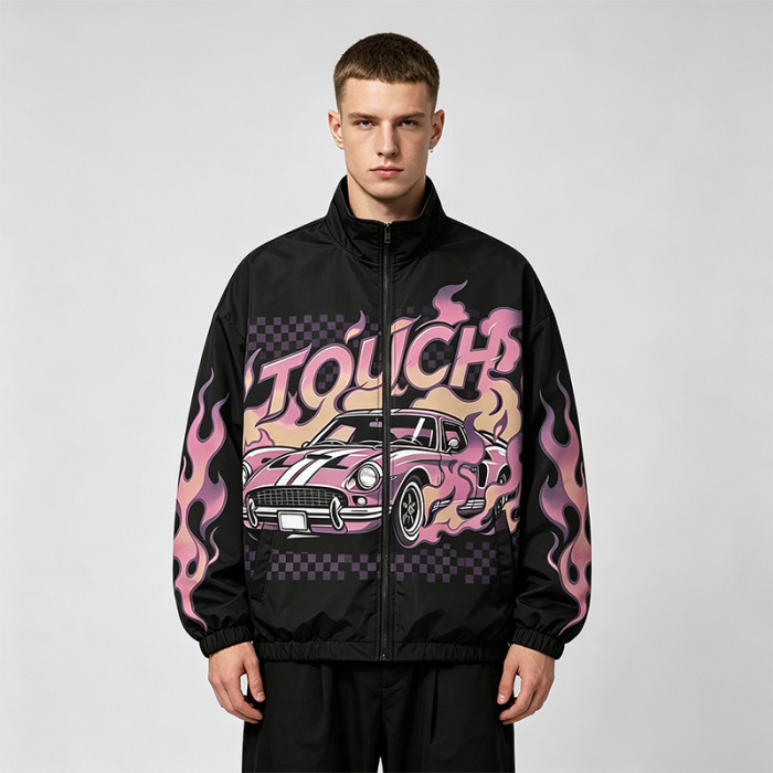 Digital Print Vintage Raing Flame Graphic Jacket | Oversized Black Jacket | Streetwear Manufacturer