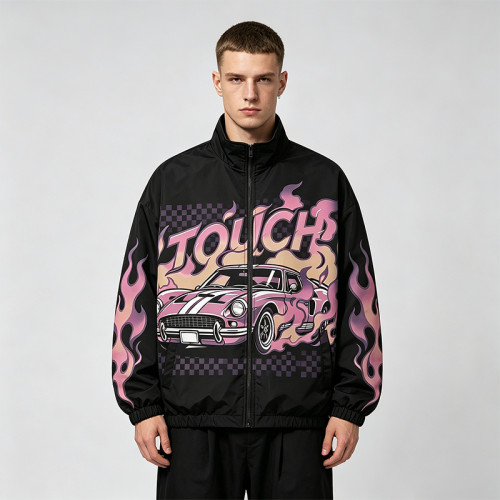 Digital Print Vintage Raing Flame Graphic Jacket | Oversized Black Jacket | Streetwear Manufacturer