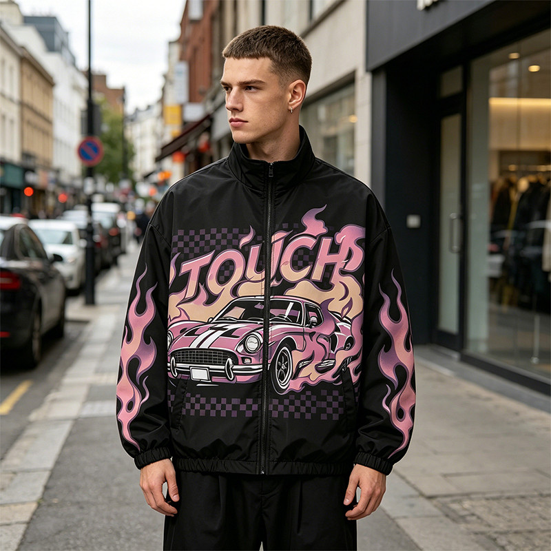 Digital Print Vintage Raing Flame Graphic Jacket