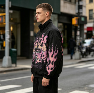 Digital Print Vintage Raing Flame Graphic Jacket | Oversized Black Jacket | Streetwear Manufacturer
