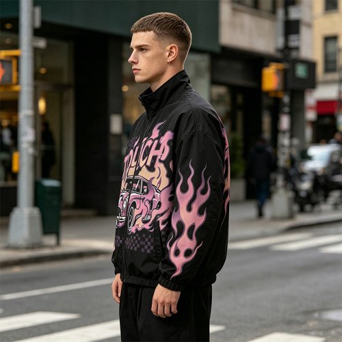 Digital Print Vintage Raing Flame Graphic Jacket | Oversized Black Jacket | Streetwear Manufacturer