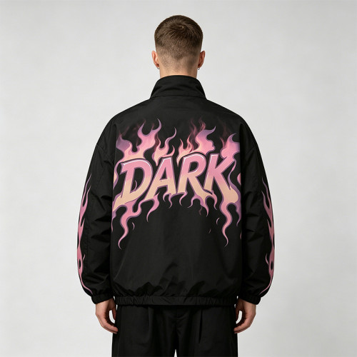 Digital Print Vintage Raing Flame Graphic Jacket | Oversized Black Jacket | Streetwear Manufacturer