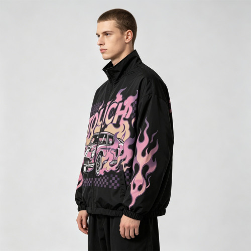 Digital Print Vintage Raing Flame Graphic Jacket | Oversized Black Jacket | Streetwear Manufacturer