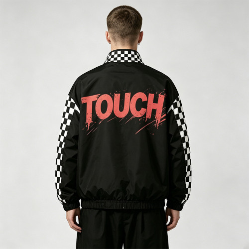 Digital Print and Screen Print Racing Jacket | Checkerboard Patchwork Vintage Racing Jacket | OEM Streetwear