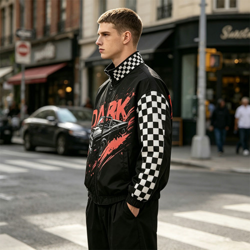 Digital Print and Screen Print Racing Jacket | Checkerboard Patchwork Vintage Racing Jacket | OEM Streetwear