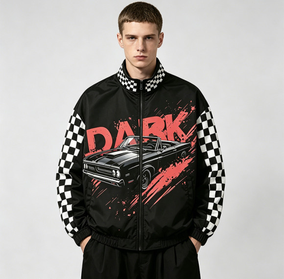 Digital Print and Screen Print Racing Jacket | Checkerboard Patchwork Vintage Racing Jacket | OEM Streetwear