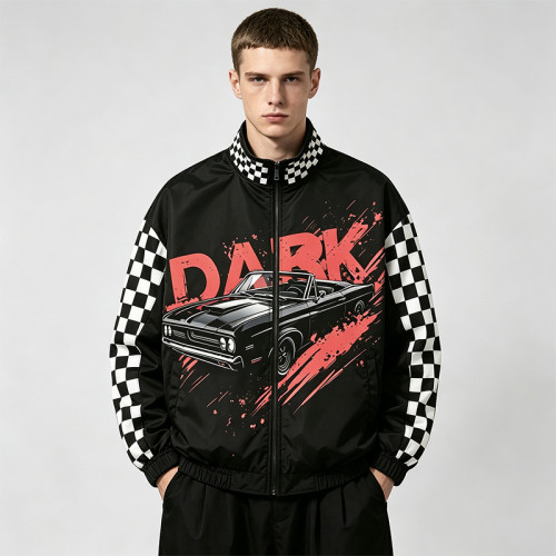 Digital Print and Screen Print Racing Jacket | Checkerboard Patchwork Vintage Racing Jacket | OEM Streetwear
