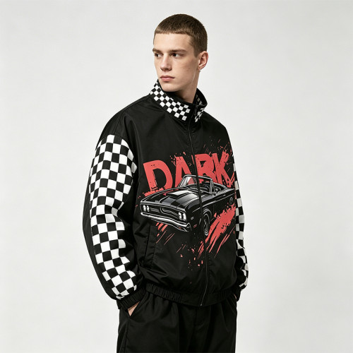 Digital Print and Screen Print Racing Jacket | Checkerboard Patchwork Vintage Racing Jacket | OEM Streetwear
