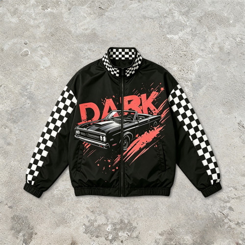 Digital Print and Screen Print Racing Jacket | Checkerboard Patchwork Vintage Racing Jacket | OEM Streetwear