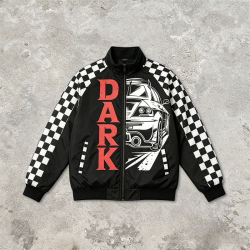 Screen Print and Checkerboard Patchwork Jacket | Vintage Racing Jacket | 100% Polyester | Streetwear Manufacturer
