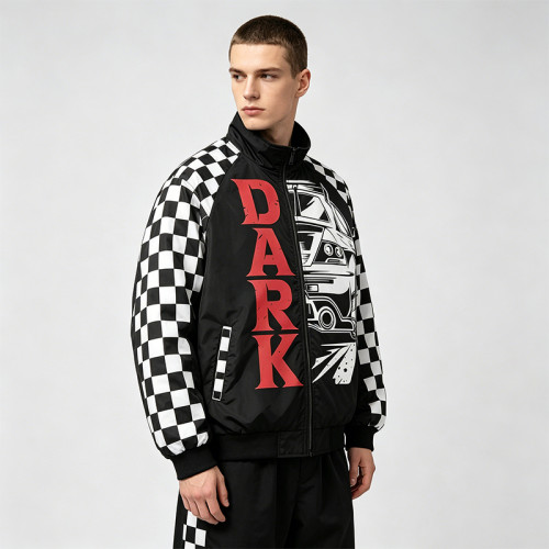 Screen Print and Checkerboard Patchwork Jacket | Vintage Racing Jacket | 100% Polyester | Streetwear Manufacturer