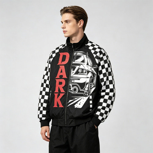 Screen Print and Checkerboard Patchwork Jacket | Vintage Racing Jacket | 100% Polyester | Streetwear Manufacturer