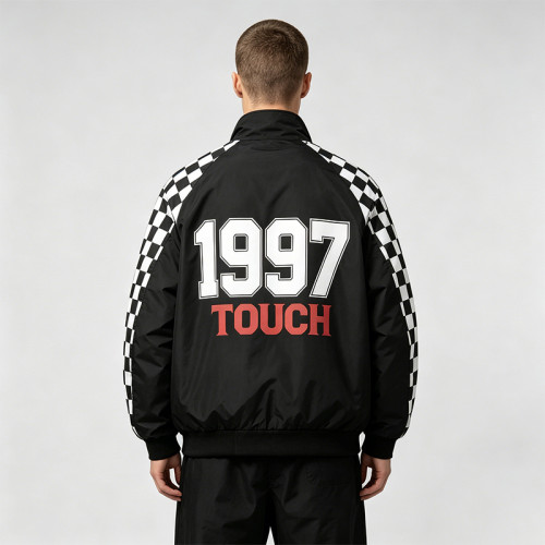 Screen Print and Checkerboard Patchwork Jacket | Vintage Racing Jacket | 100% Polyester | Streetwear Manufacturer