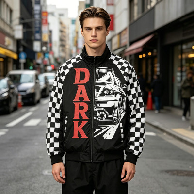 Screen Print and Checkerboard Patchwork Jacket | Vintage Racing Jacket | 100% Polyester | Streetwear Manufacturer