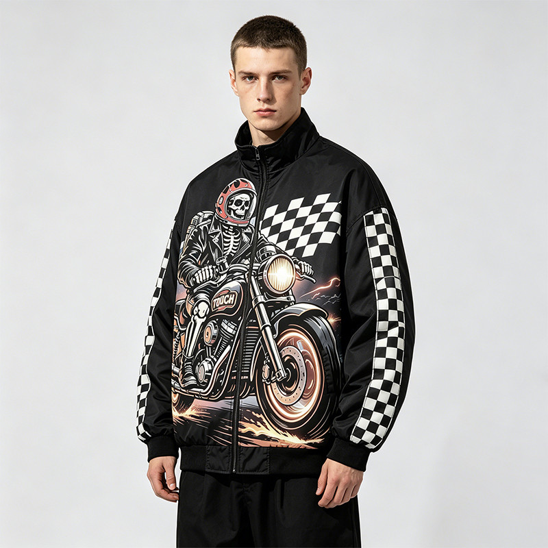 Applique Patchwork Print Vintage Biker Jacket