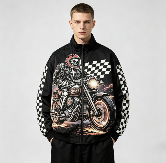 Applique Patchwork Print Vintage Biker Jacket | Retro Racing Streetwear | Clothing Manufacturer