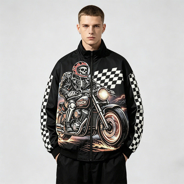Applique Patchwork Print Vintage Biker Jacket | Retro Racing Streetwear | Clothing Manufacturer