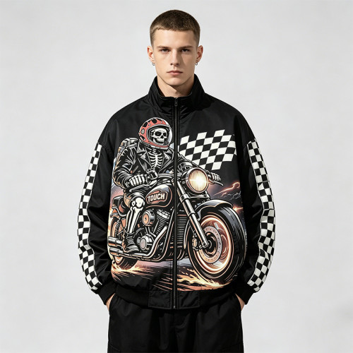 Applique Patchwork Print Vintage Biker Jacket | Retro Racing Streetwear | Clothing Manufacturer