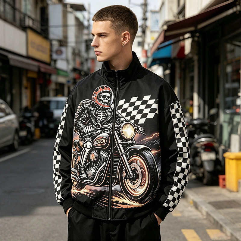 Applique Patchwork Print Vintage Biker Jacket