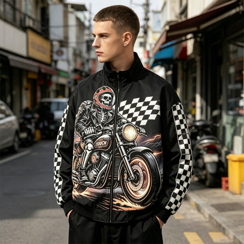 Applique Patchwork Print Vintage Biker Jacket | Retro Racing Streetwear | Clothing Manufacturer