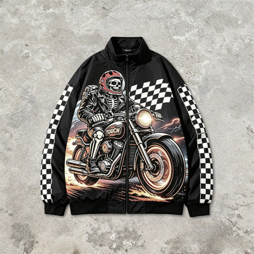 Applique Patchwork Print Vintage Biker Jacket | Retro Racing Streetwear | Clothing Manufacturer