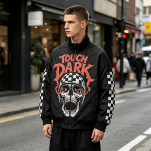 DTG and Screen Print 88 Skull Graphic Biker Jacket | Vintage Racing Streetwear | Clothing Manufacturer