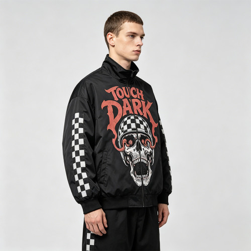 DTG and Screen Print 88 Skull Graphic Biker Jacket | Vintage Racing Streetwear | Clothing Manufacturer
