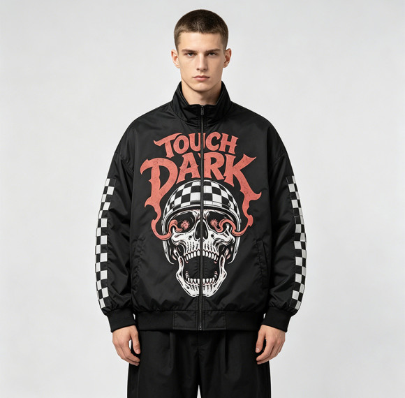DTG and Screen Print 88 Skull Graphic Biker Jacket | Vintage Racing Streetwear | Clothing Manufacturer