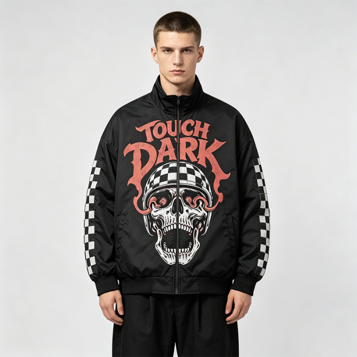 DTG and Screen Print 88 Skull Graphic Biker Jacket | Vintage Racing Streetwear | Clothing Manufacturer