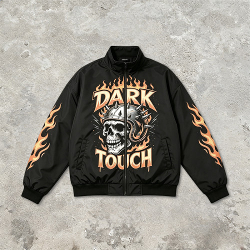 DTG Print Vintage Skull Racing Jacket | Retro Flame Biker | Custom Streetwear Manufacturer