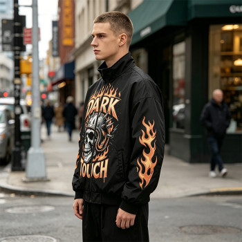 DTG Print Vintage Skull Racing Jacket | Retro Flame Biker | Custom Streetwear Manufacturer