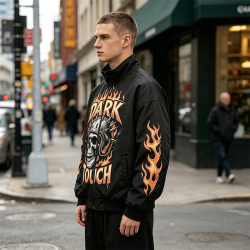 DTG Print Vintage Skull Racing Jacket | Retro Flame Biker | Custom Streetwear Manufacturer