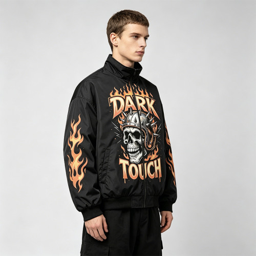 DTG Print Vintage Skull Racing Jacket | Retro Flame Biker | Custom Streetwear Manufacturer