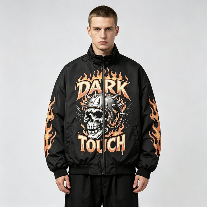 DTG Print Vintage Skull Racing Jacket | Retro Flame Biker | Custom Streetwear Manufacturer