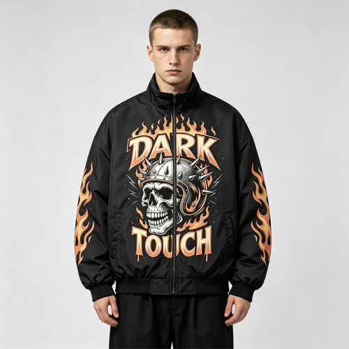 DTG Print Vintage Skull Racing Jacket | Retro Flame Biker | Custom Streetwear Manufacturer