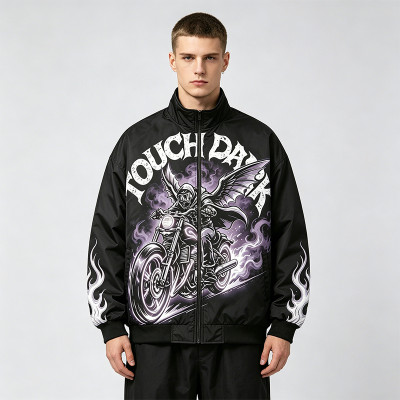DTG Print Applique Vintage Racing Jacket | Gothic Graphic Skull Flame Jacket | Streetwear Manufacturer