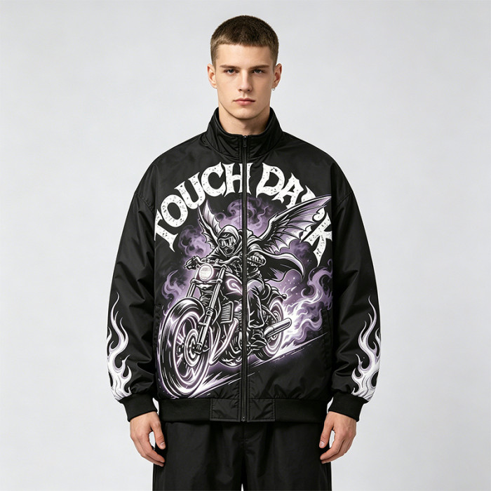 DTG Print Applique Vintage Racing Jacket | Gothic Graphic Skull Flame Jacket | Streetwear Manufacturer