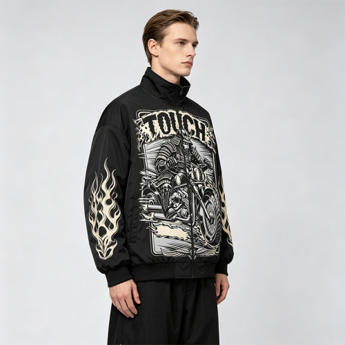 DTG Print Vintage Racing Jacket | Graphic Flame Oversized Bomber | Streetwear Manufacturer