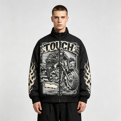 DTG Print Vintage Racing Jacket | Graphic Flame Oversized Bomber | Streetwear Manufacturer