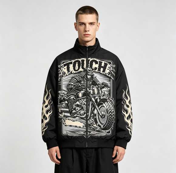DTG Print Vintage Racing Jacket | Graphic Flame Oversized Bomber | Streetwear Manufacturer
