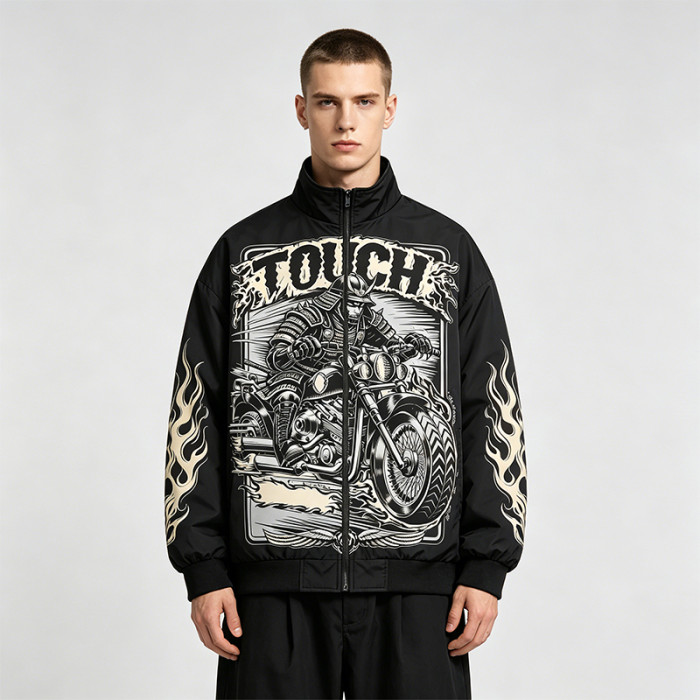 DTG Print Vintage Racing Jacket | Graphic Flame Oversized Bomber | Streetwear Manufacturer