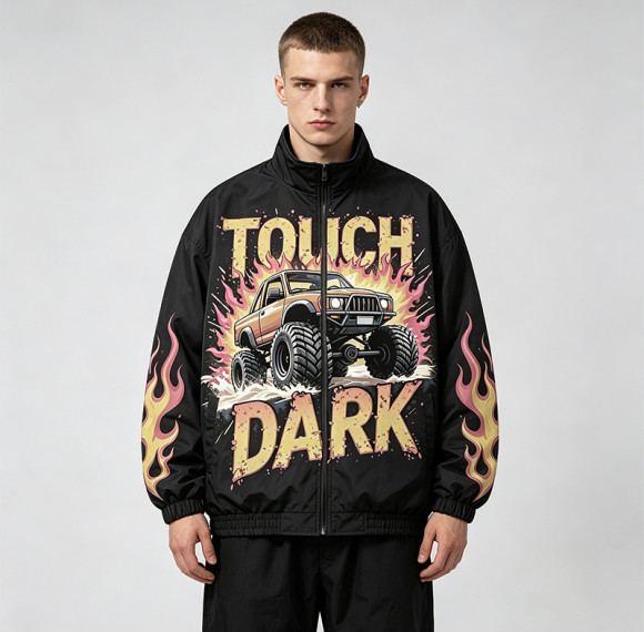 DTG Print Monster Truck Flame Jacket | Vintage Graphic Racing Streetwear | OEM Streetwear