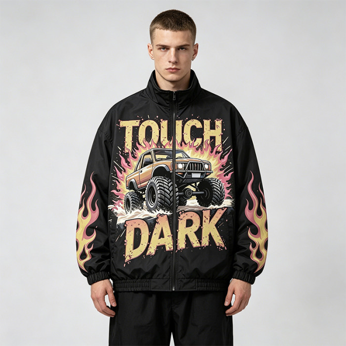 DTG Print Monster Truck Flame Jacket | Vintage Graphic Racing Streetwear | OEM Streetwear