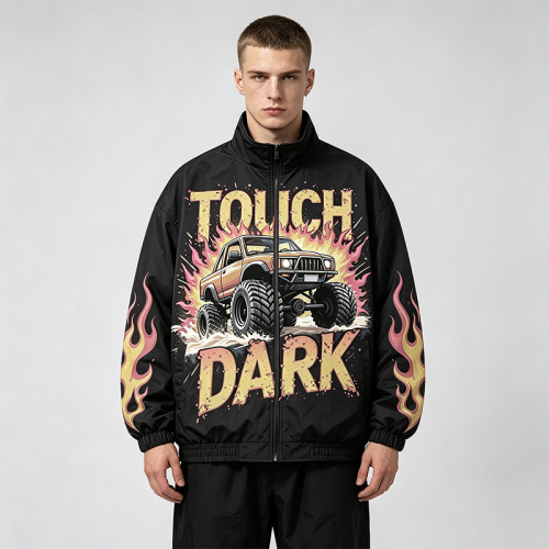 DTG Print Monster Truck Flame Jacket | Vintage Graphic Racing Streetwear | OEM Streetwear
