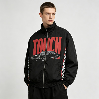Patchwork Screen Print Vintage Racing Jacket | Touch Dark Black Checkerboard Sleeve | OEM Streetwear
