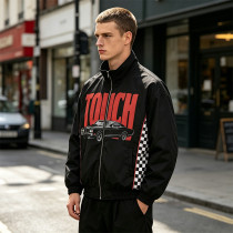 Patchwork Screen Print Vintage Racing Jacket | Touch Dark Black Checkerboard Sleeve | OEM Streetwear